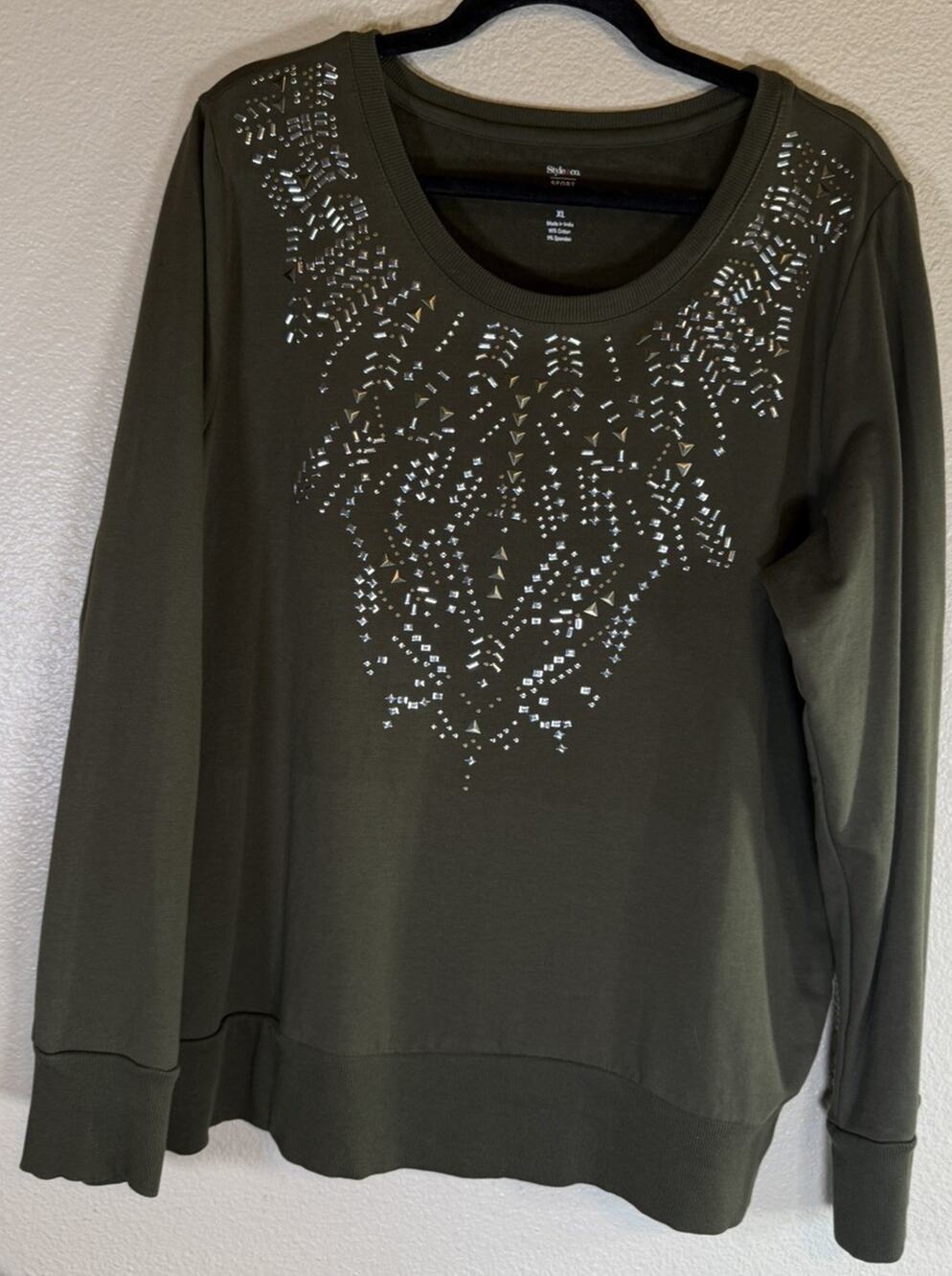 Style & Co Sport XL The Essential Sweatshirt Green Metallic Embellished